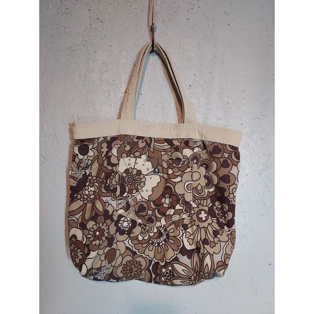 Gap Reversible Corduroy Floral Tote Bag Boho Ivory Tan Brown‎ Flowers Book Shop